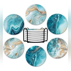 Set Of 6 Non-Slip Turquoise Ceramic & Dolomite Coasters - Never Used